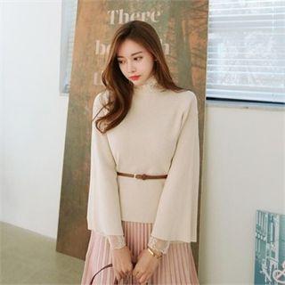 Wide-sleeve Ribbed Knit Top With Belt