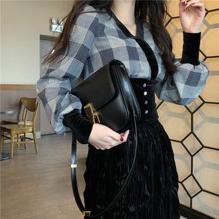 Plaid Long-sleeve Cropped Top / High-waist Velvet Skirt