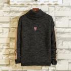 Mock Turtleneck Contrast Trim Letter Embroidered Sweater