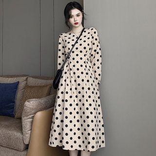 Long-sleeve Polka Dot A-line Midi Dress Dress - As Shown In Figure - One Size