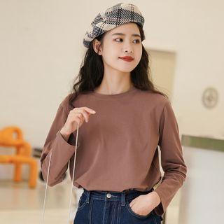 Plain Long-sleeve T-shirt Dark Brown - One Size