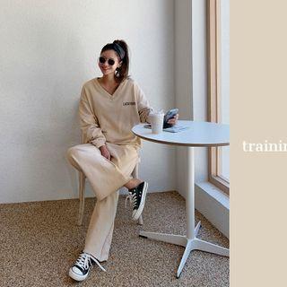 V-neck Sweatshirt & Wide-leg Sweatpants Set