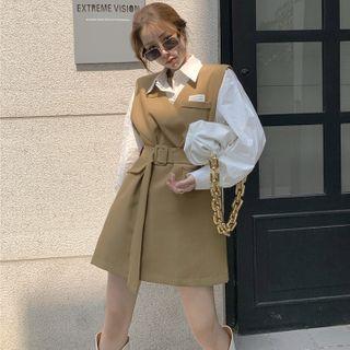 Long-sleeve Plain Shirt / Sleeveless Mini Dress With Belt