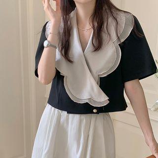 Short-sleeve Collar Jacket Black - One Size