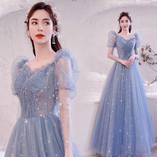 Puff-sleeve Embellished Mesh A-line Gown