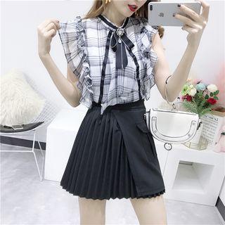 Set: Plaid Ruffle Top + Pleated Skirt