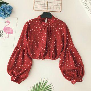Bell-sleeve Mock Collar Dotted Blouse