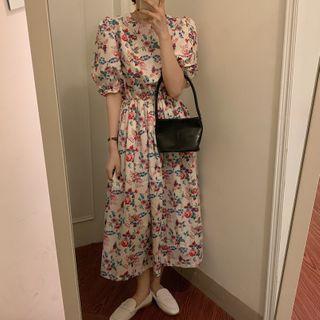 Short-sleeve Floral Print Midi Dress Floral Print - Red - One Size