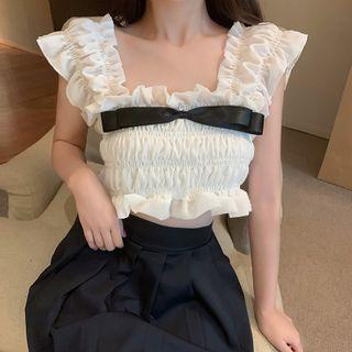 Contrast Color Bow Ruffle Trim Sleeveless Cropped Top