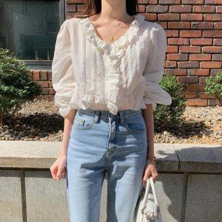 Elbow-sleeve Ruffle Trim V-neck Blouse White - One Size