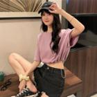 Elbow-sleeve Drawcord Cropped T-shirt