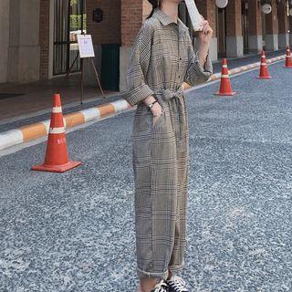 Plaid Long-sleeve Wide-leg Jumpsuit