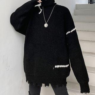 High-neck Distressed Oversize Sweater