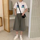 Short-sleeve Floral Print Shirt / A-line Midi Skirt