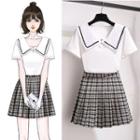 Short-sleeve Collared Top / Plaid Pleated Mini A-line Skirt / Set