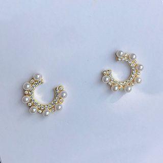 Faux Pearl Open Hoop Earring 1 Pair - Gold & White - One Size
