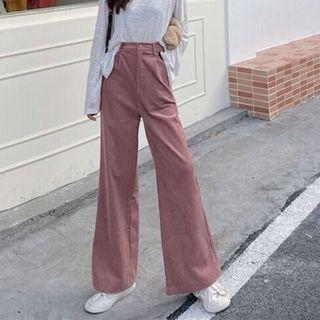 Plain High-waist Drawcord Corduroy Pants