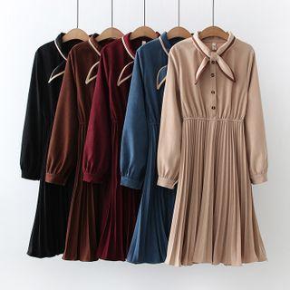 Bow-neck Accordion Pleated Midi A-line Dress