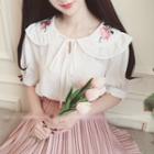 Floral Embroidered Peter Pan Collar Short-sleeve Chiffon Blouse