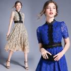 Short-sleeve Contrast Trim Lace A-line Midi Dress