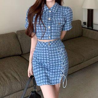 Short-sleeve Houndstooth Crop Shirt / Lace-up Mini Pencil Skirt