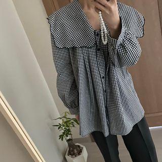 Long-sleeve Gingham Blouse Black - One Size