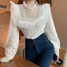 Long-sleeve Mock-neck Faux Pearl Lace Blouse