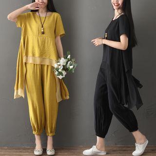 Set: Short-sleeve Asymmetric Top + Cropped Harem Pants