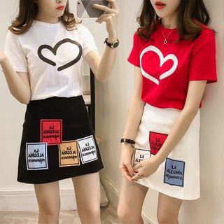 Set: Short-sleeve Printed T-shirt + Mini Applique A-line Skirt