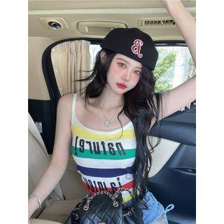Lettering Striped Camisole Top Stripes - Yellow & Green & Blue - One Size