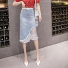 Mesh Trim Straight-fit Denim Skirt