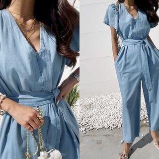 Puff-sleeve Jumpsuit With Sash Light Blue - One Size