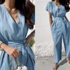 Puff-sleeve Jumpsuit With Sash Light Blue - One Size