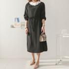 Frilled-collar Puff-sleeve Dress With Sash