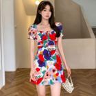 Puff Sleeve Square Neck Floral Print Mini A-line Dress