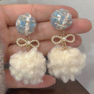 Faux Pearl Fleece Pom Pom Drop Earring / Clip-on Earring