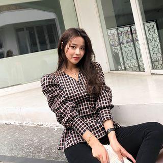 Plaid Peplum Buttoned Blouse Black - One Size