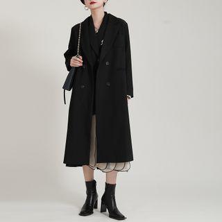 Plain Double-breasted Coat Set Of 2 - Dress & Sweatshirt - Black - One Size