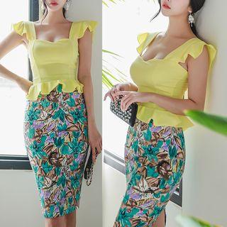 Set: Strappy Top + Floral Print Midi Fitted Skirt