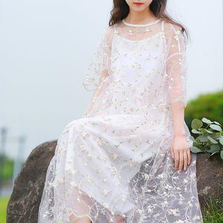 Set: Sheer Midi A-line Dress + Slipdress