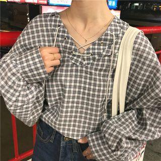 Check V-neck Bell-sleeve Top