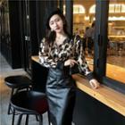 Leopard Blouse Faux Leather Fitted Skirt