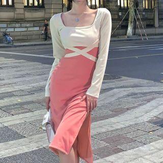 Spaghetti Strap Slit Midi Bodycon Dress / Long-sleeve Tie-waist Crop Top