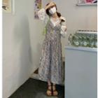 V-neck Lace Blouse / Floral Midi A-line Dress