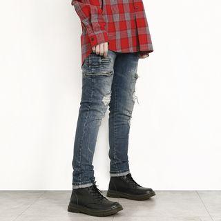 Zip-accent Distressed Jeans