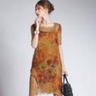 Floral Print Lace Hem T-shirt Dress