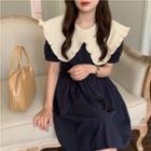 Short-sleeve Contrast Collar Frill Trim A-line Dress Navy Blue - One Size