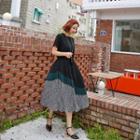 Round-neck Gathered-waist Pleated-hem Dress