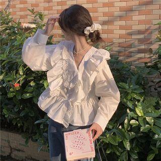 V-neck Plain Ruffle Oversize Blouse White - One Size