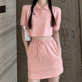 Set: Short-sleeve Polo Shirt + Plain Lace-up Mini A-line Skirt Set - Pink - One Size